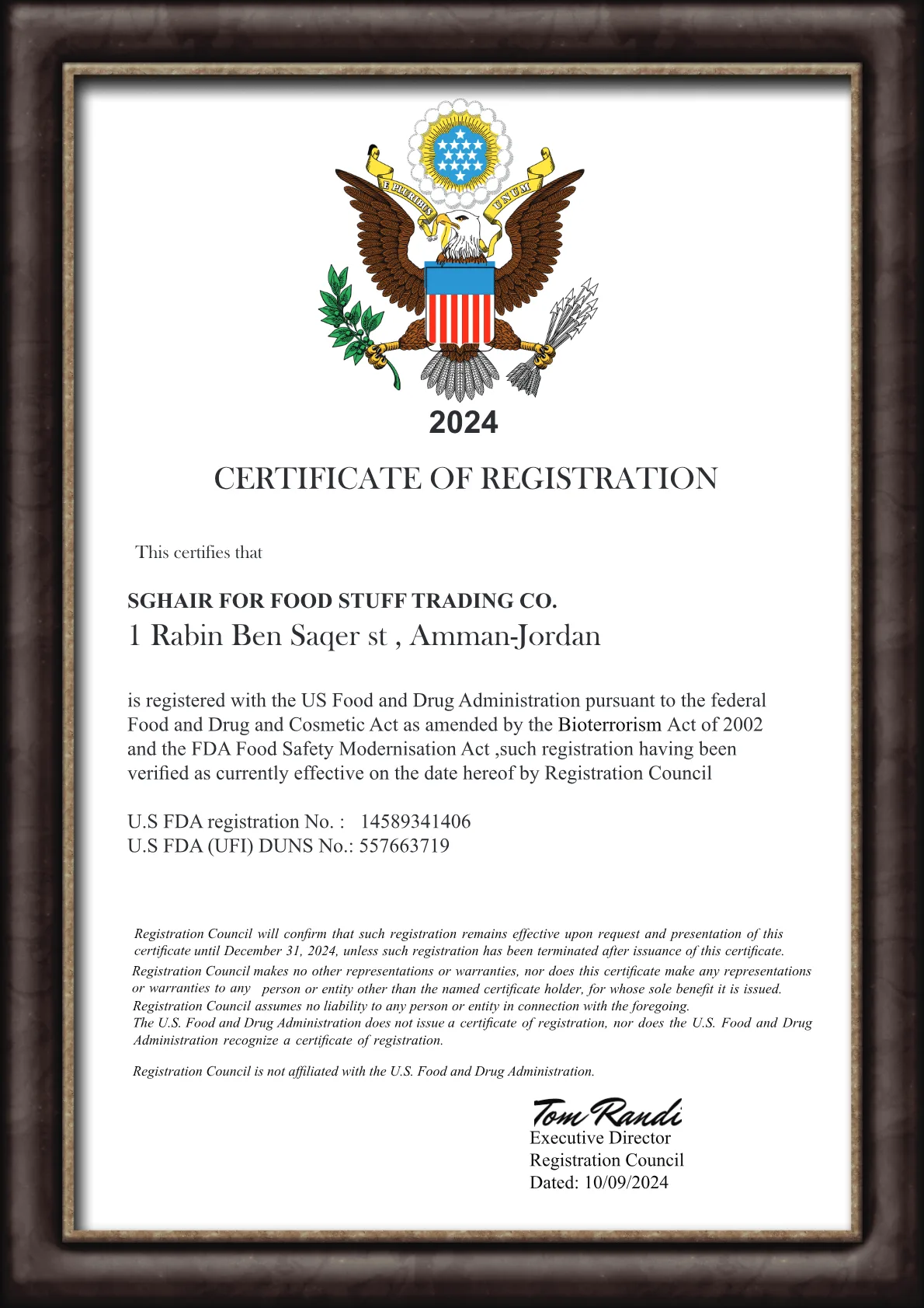 U.S. FDA Registration Certificate